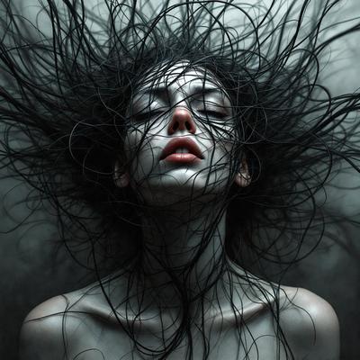 The primary subject of the image is a woman with long, dark hair. She is wearing a necklace and has a pouty expression. The setting is a dark room, and the visual style is a black and white photo. The mood of the image is dramatic and mysterious.